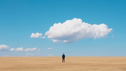 Solitary figure in vast desert landscape under bright blue sky with single white cloud. Minimalist nature scenery. Peaceful meditation and self-reflection concept. Banner with copy space