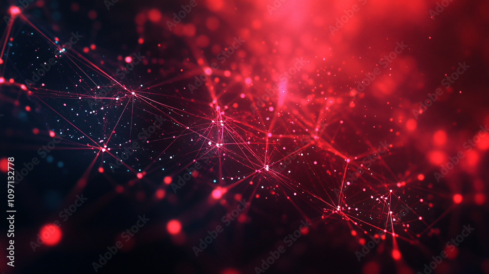 Poster Digital communication and data transfer represented by abstract red glowing lines connecting dots in a network