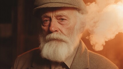 Senior caucasian man with white beard and cap in warm sunset light. Elderly gentleman with thoughtful expression. Atmospheric portrait with golden hour glow. Wisdom and experience concept