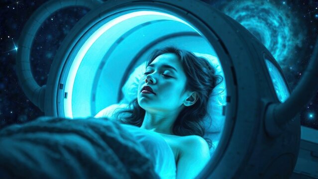A woman in a futuristic cryogenic sleep chamber glowing with blue light, surrounded by a cosmic galaxy backdrop, symbolizing advanced technology, space exploration, concept of suspended animation