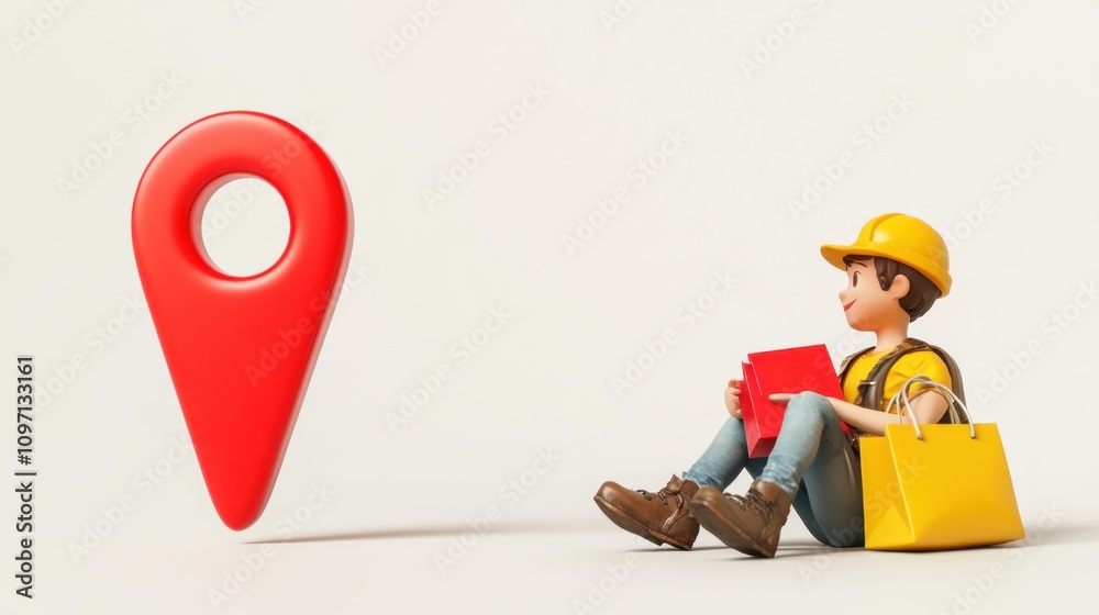Poster a cartoon character in a hard hat sits with books and a bag near a large location pin.
