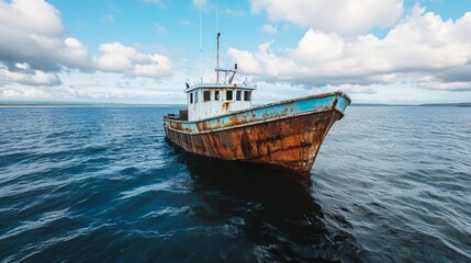 Obraz premium Old rusty fishing boat abandoned in blue ocean waters under cloudy sky. Vintage wooden vessel floating on sea waves. Marine transportation background for banner with copy space