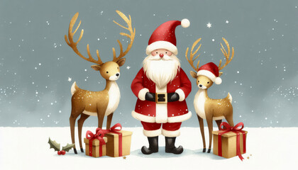 Santa stands happily in winter wonderland, two cheerful reindeer in festive hats on each side of him and colorful gifts lie in the snow. Christmas and New Year card.