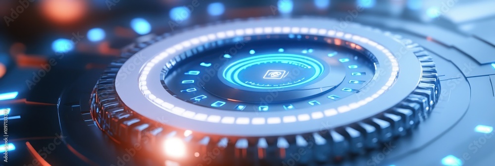 Aufkleber A futuristic circular interface with glowing elements, suggesting advanced technology functionality.