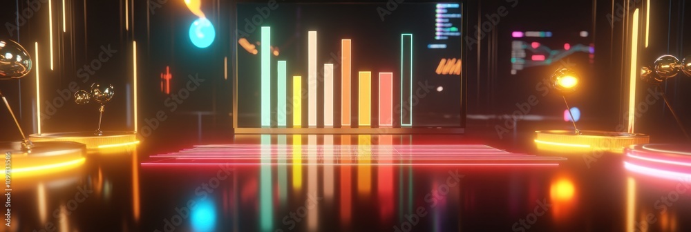Poster a futuristic scene featuring glowing bars on a screen, suggesting data analysis or performance metri