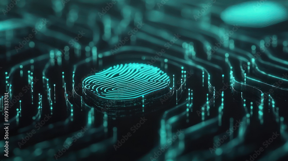 Poster Abstract digital representation of a fingerprint on a circuit-like background.