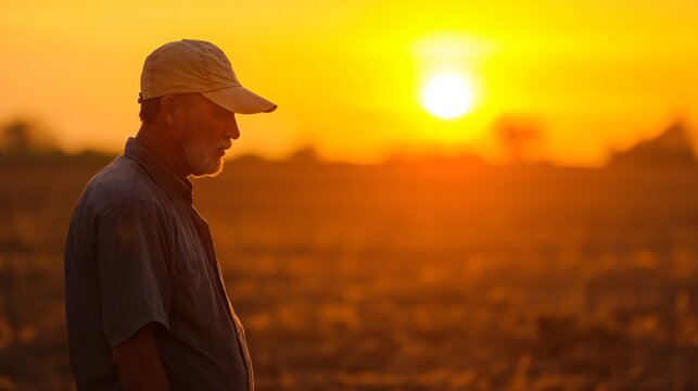 Person in baseball cap standing in golden sunset light on rural field. Silhouette against orange sky. Peaceful countryside scene. Summer evening atmosphere. Farming lifestyle