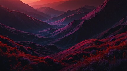 Dramatic sunset over a vibrant purple mountain range.