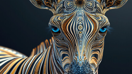 Naklejka premium Visually striking image: a zebra with golden and black decorative patterns and blue eyes, artistically represented