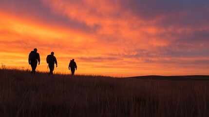 Fototapeta premium Three silhouettes walking in prairie field at dramatic orange sunset. Hiking people on hill against colorful sky at dusk. Adventure lifestyle. Outdoor activity. Rural landscape for banner