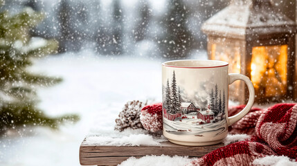 Vintage christmas mug with snowy background