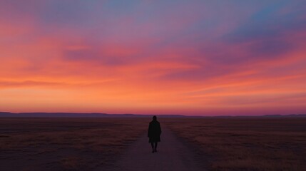 Obraz premium Solitary figure walking on empty road during dramatic purple and orange sunset. Peaceful rural landscape with magnificent sky. Silhouette on horizon. Lonely journey concept with copy space