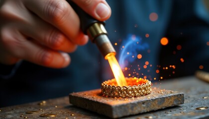 Closeup hand holds blowtorch melting gold bracelet. Jeweler crafts custom jewelry. Metalwork artisan creates molten liquid. Gold bracelet making process. Handmade jewelry design.