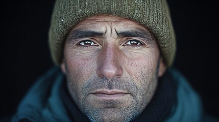 Intense close-up portrait in dramatic lighting. Person wearing olive green winter beanie and dark jacket. Moody atmospheric photography for lifestyle, outdoor and fashion campaigns