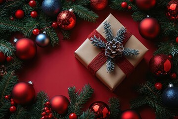 top view of a festive christmas arrangement, featuring colorful ornaments and a neatly wrapped gift box. the scene is bright and cheerful, evoking the spirit of the holiday season