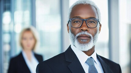 Naklejka premium African american senior businessman in glasses and suit at corporate office. Professional executive leader. Modern workplace portrait for business presentation with copy space