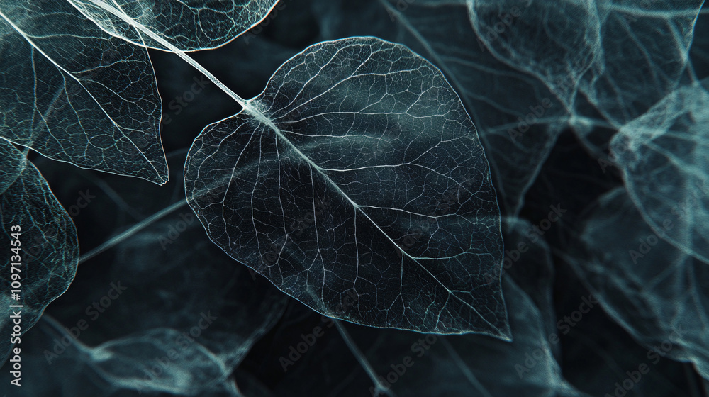 Poster close-up of delicate skeleton leaves showcasing intricate veins, forming a captivating natural patte