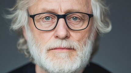 Professional portrait with glasses and white beard against dark background. Classic headshot for business, corporate profile or personal branding with natural lighting and copy space