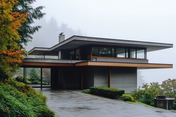 Obraz premium Elevation of a modernist house with a floating roof design and hidden entrance, overcast morning.