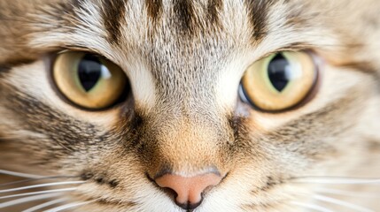 Extreme close-up of cat's mesmerizing yellow-green eyes and nose. Feline face macro shot with detailed view of fur texture and whiskers. Pet portrait for animal lovers and veterinary services