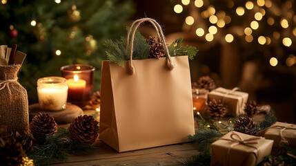 Rustic kraft paper bag mockup with holiday decor