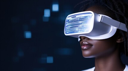 African american woman wearing virtual reality headset on dark background with blue light effects. Modern VR technology. Digital entertainment and gaming concept with copy space