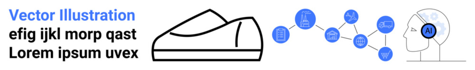 Shoe silhouette, text blocks, head with AI headset connecting to icons. Ideal for technology, artificial intelligence, innovation, mind mapping, design, footwear, creative solutions. Landing page