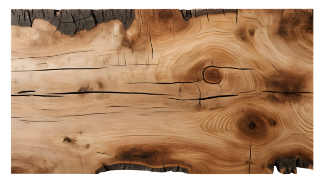 Textured slab of rustic natural wood with organic grain and raw edges, isolated on a transparent or white background.