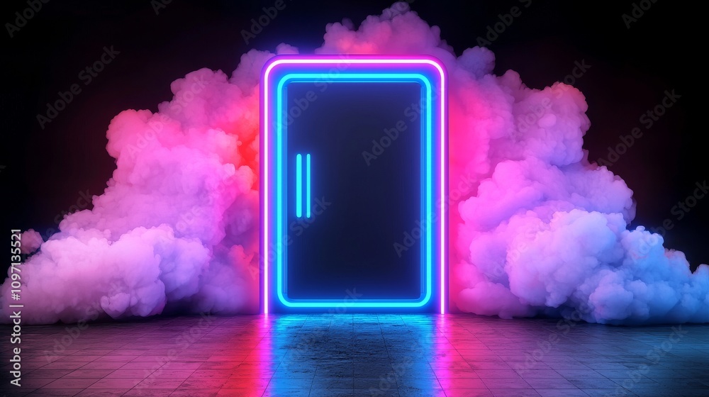 Poster a 3d rendering of an abstract tunnel with an urban backdrop, illuminated by futuristic pink neon lig