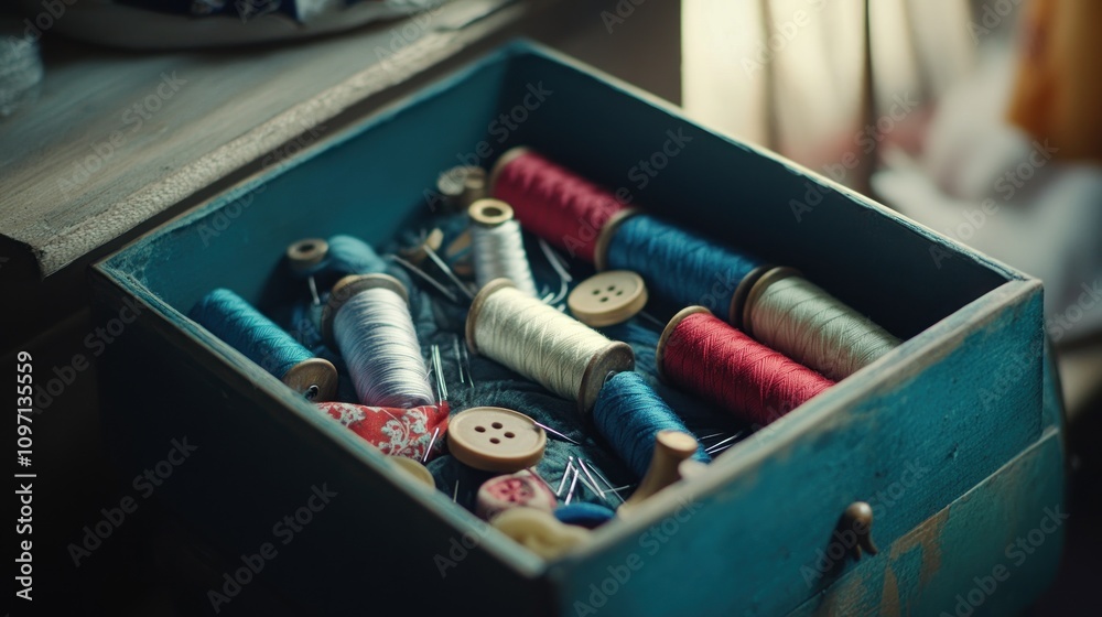 Poster A teal drawer holds spools of thread and buttons