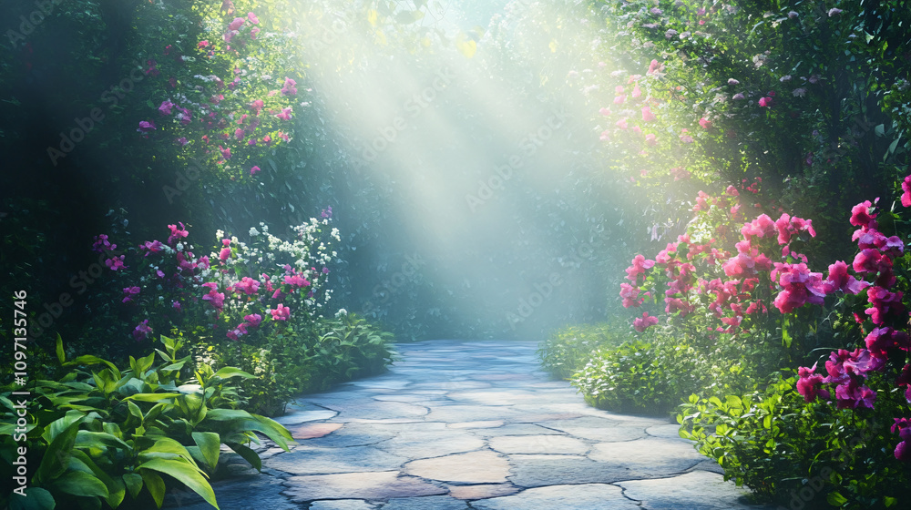 Aufkleber sunbeams illuminate a tranquil garden path winding through lush foliage and colorful flowers, creati