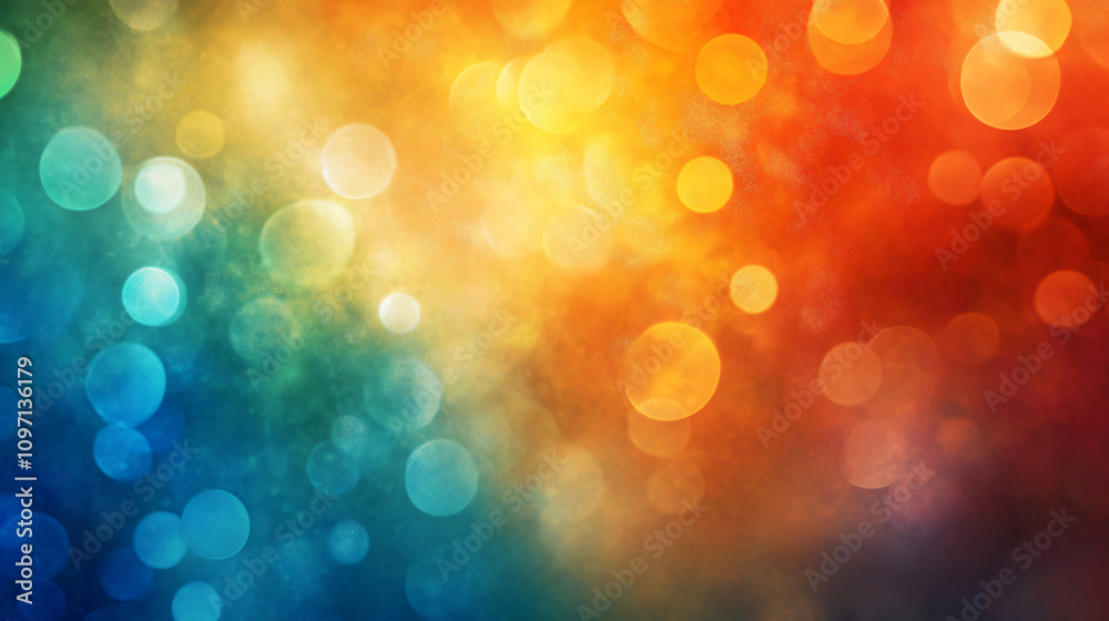 Poster abstract bokeh background with colorful circles blending red, orange, yellow, green, and blue hues, 