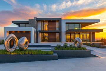 Front elevation of a luxury modern home with integrated planters and abstract sculptures, sunset background.