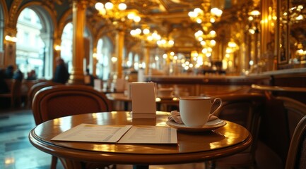 A cozy café setting with a cup of coffee and menus on a table, illuminated by warm lights.