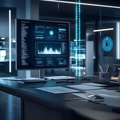 Fototapeta premium A modern office desk has both physical and digital documents being processed by an AI system while a digital panel in the background displays organized data in tables and graphs.