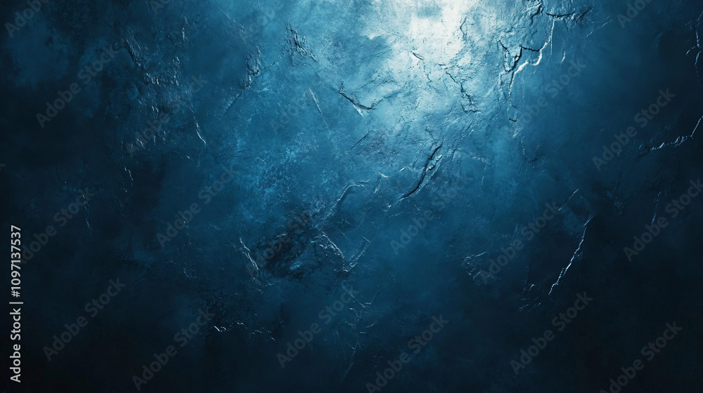 Poster mysterious and icy: dark blue abstract background with dramatic light effects resembling a frozen su