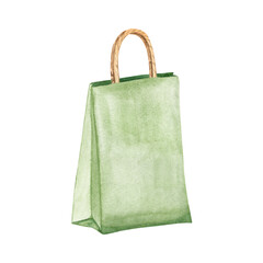 Gift bag. Watercolor illustration of a gift. Green craft bag. Hand-drawn