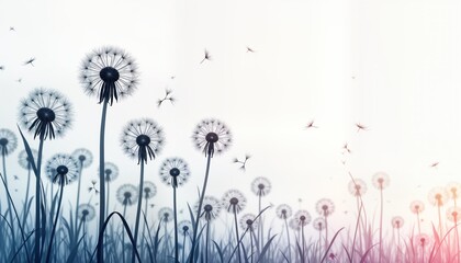 Abstract dandelion field. Xray style blowball seeds fly. White background. Summer nature botany. Fluffy plant meadow. Spring blossom. Wind blows seed. Visual flora.