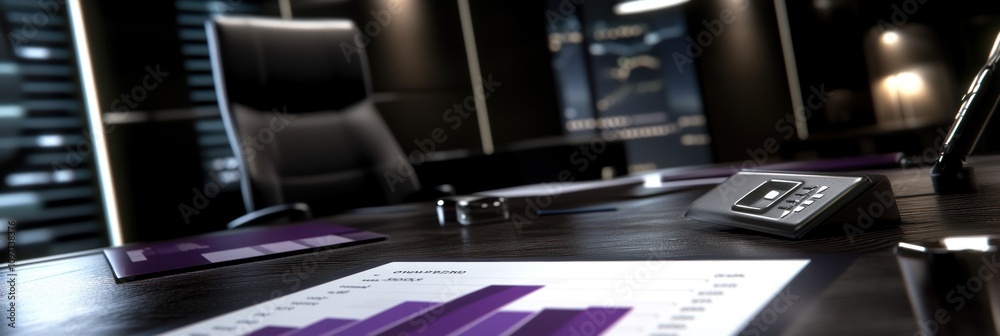Poster a modern office setting with charts and graphs on a desk, suggesting business analysis.