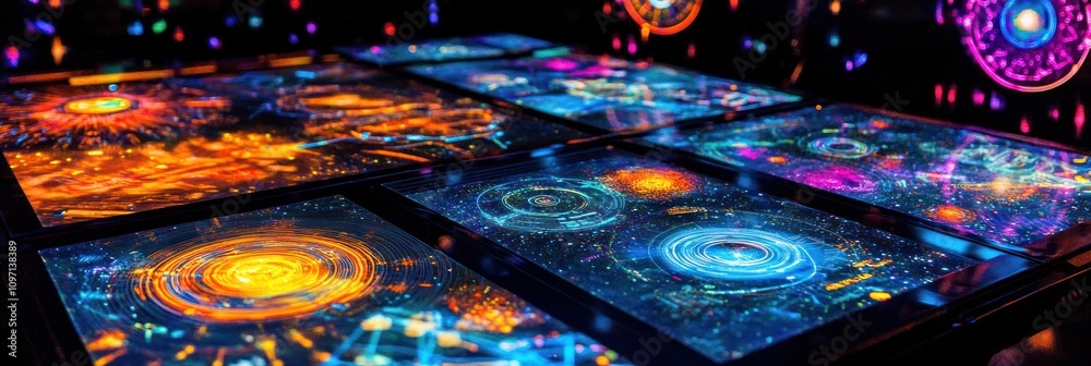 Aufkleber vibrant digital displays showcasing abstract cosmic patterns and colors.
