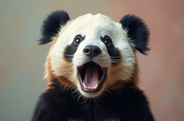 Obraz premium Cute panda face close-up. A funny animal with an open mouth. A fun concept with giant panda bear for an advertising banner. Plain background. A poster with a wild animal with a surprised face