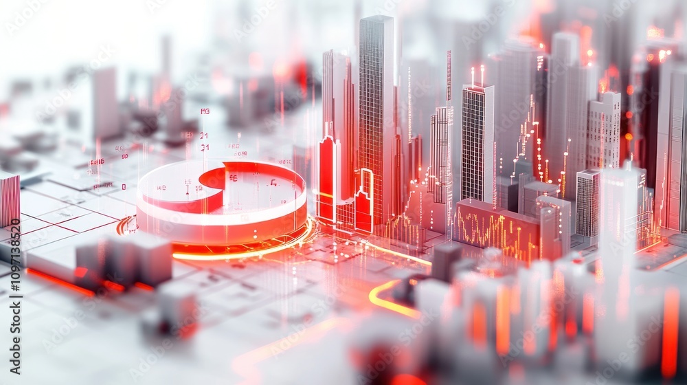 Poster A futuristic cityscape with data visualization elements and digital interfaces.