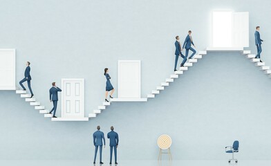 Business people walking up and down stairs.. Abstract environment with stairs, representing career, professional life and success. 3D rendering