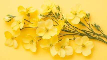 Fototapeta premium A vibrant bouquet of sunny yellow flowers arranged on a matching yellow background. The delicate petals and stems create a cheerful and bright composition, perfect for spring or summer themes.