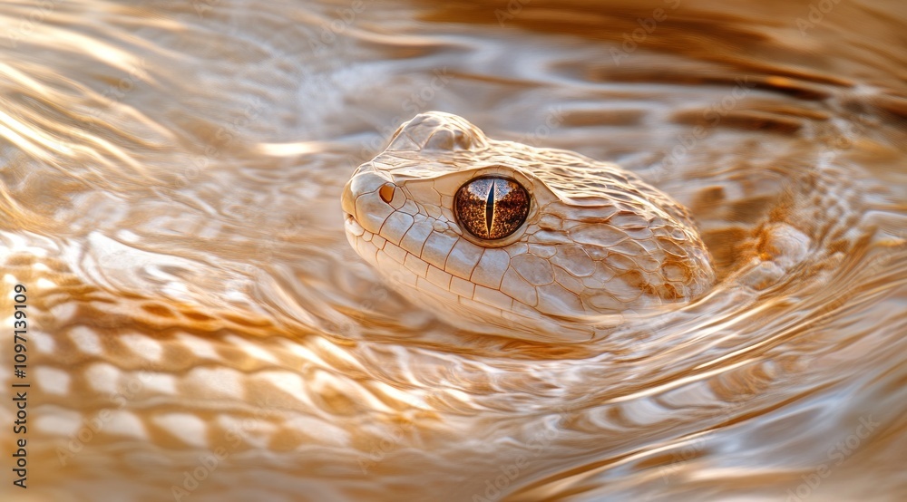 Poster A close-up of a snake-like creature partially submerged in shimmering water.