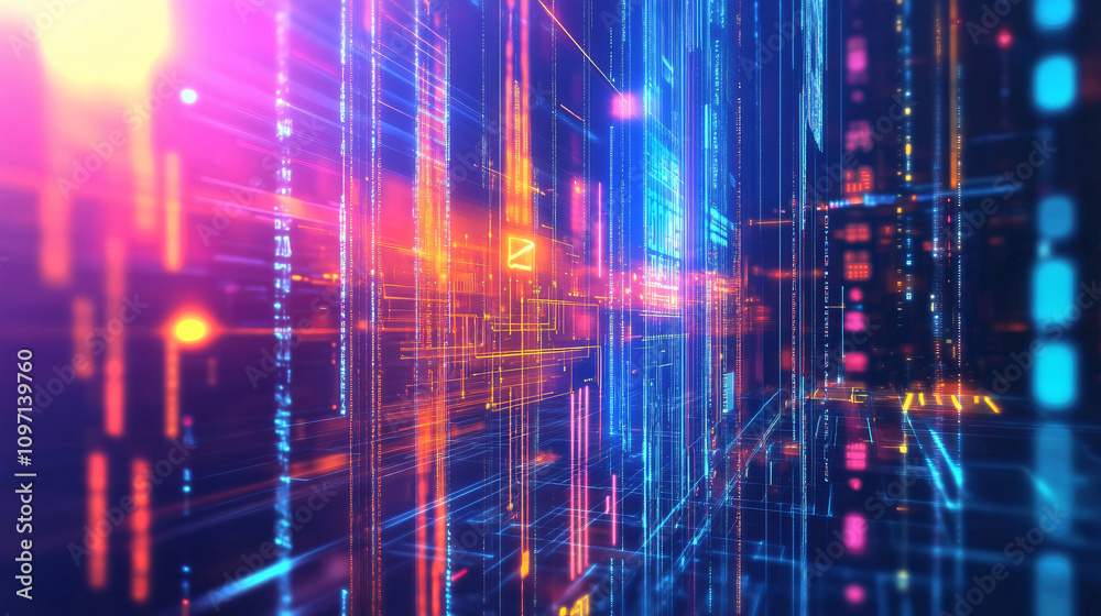 Aufkleber Virtual city: where data streams and code numbers represent cyberspace and digital information flow