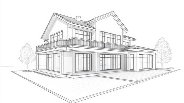 A wireframe sketch of a house with clear separation of visible and invisible line layers, highlighting the architectural structure, walls, windows, and roof in a minimalist design.