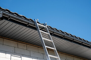 Metal ladder leans against the roof of the house