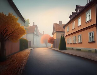 foggy morning on an empty street in a typical czech neighborhood with private houses generative ai