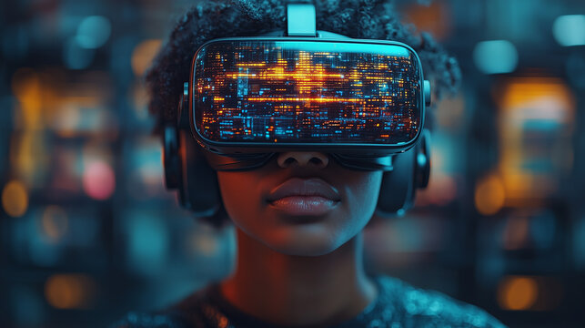 Teenager using VR headset in a futuristic classroom, VR-Goggle Glasses Virtual Reality Technology with holographic experience, 